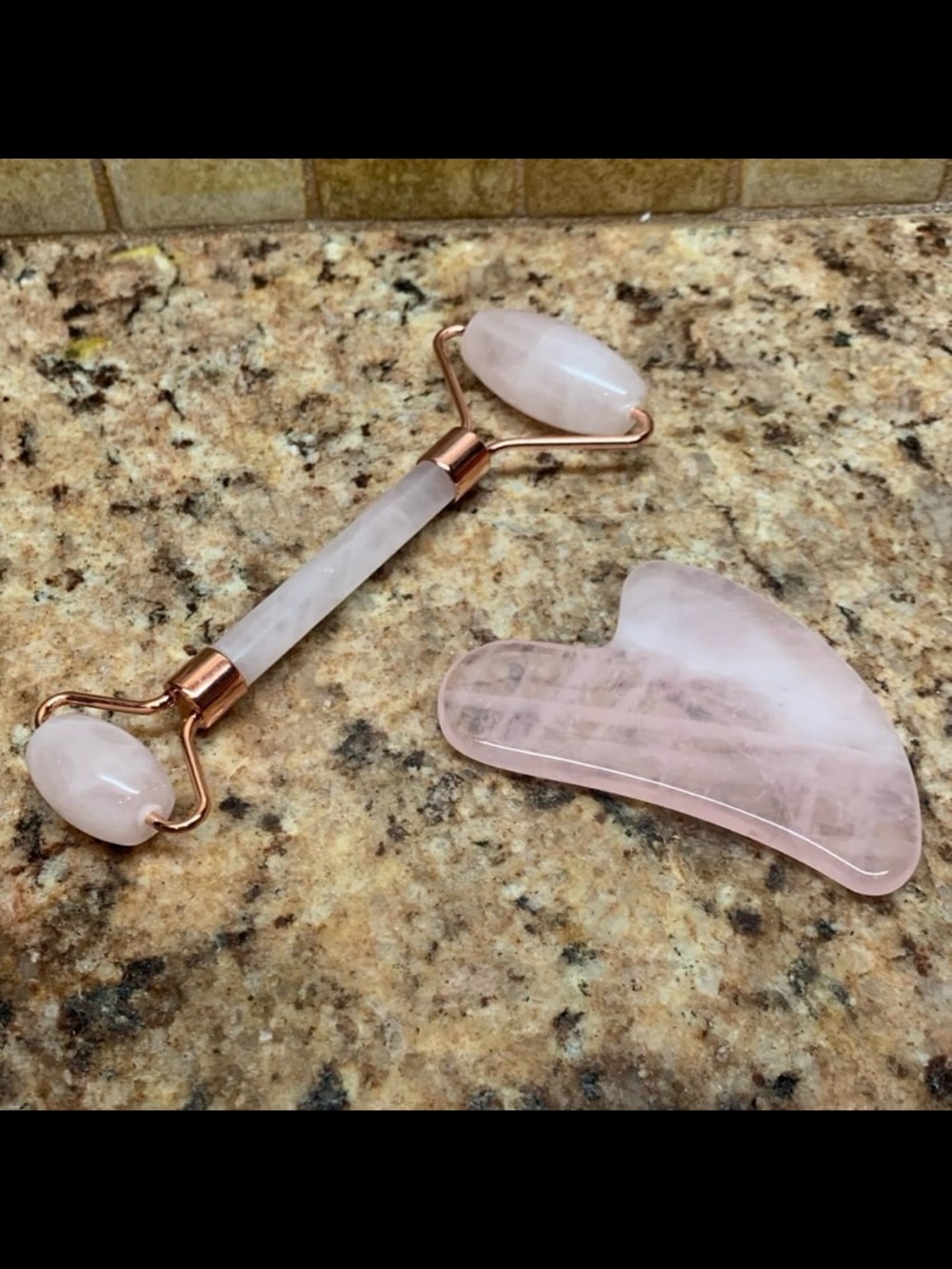 Authentic Natural Rose Quartz Crafted Roller and Contoured Gua Sha Tool.